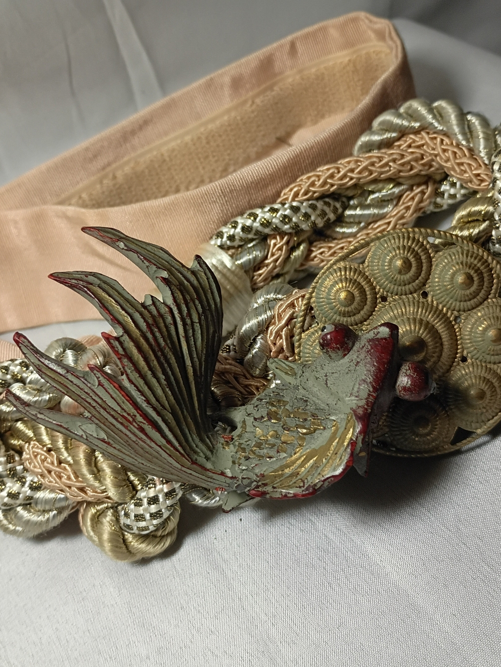 Vintage-Inspired Fish Motif Braided Belt in Peach and Metallics